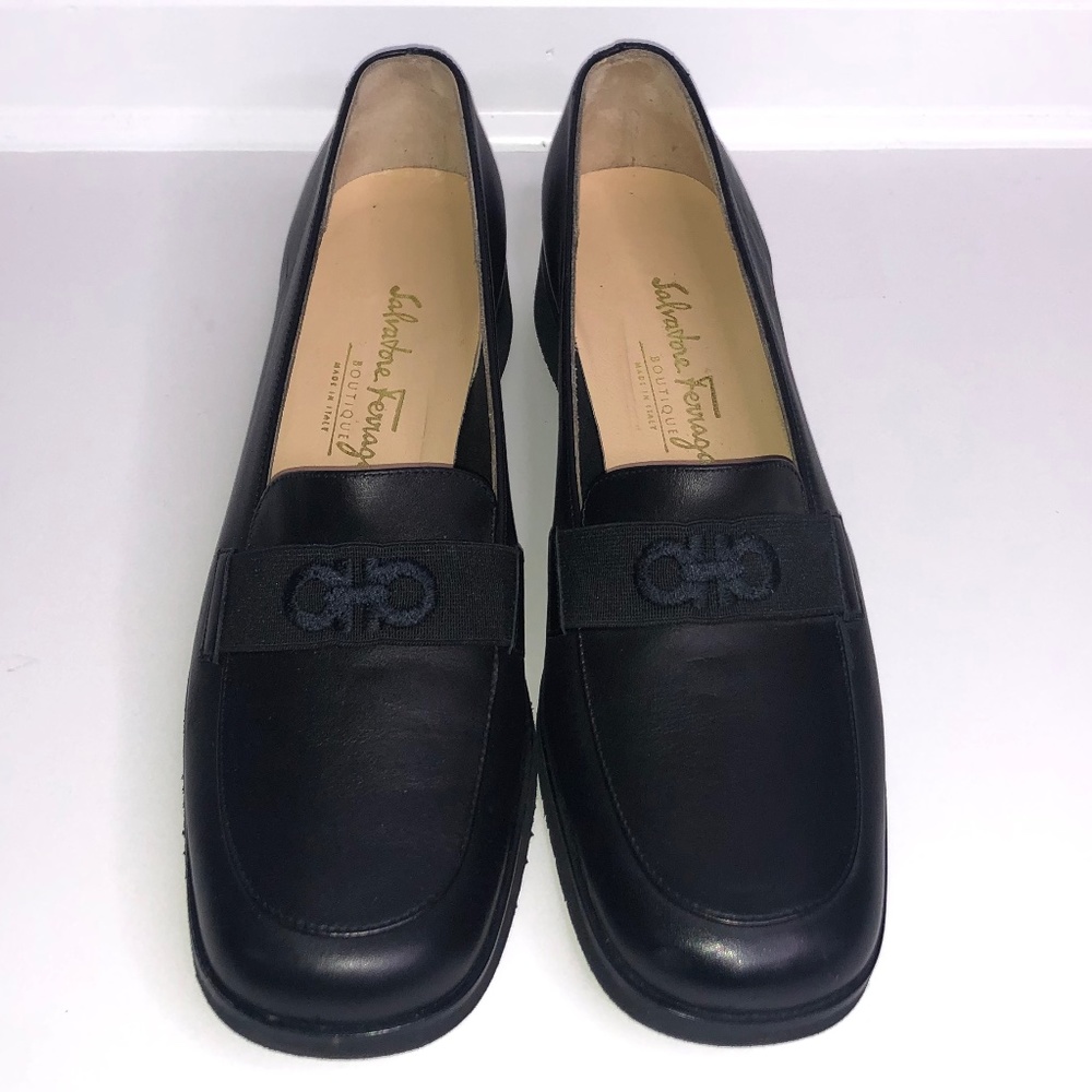 Salvatore Ferragamo Boutique Black Leather Logo Wedges Size 8.5